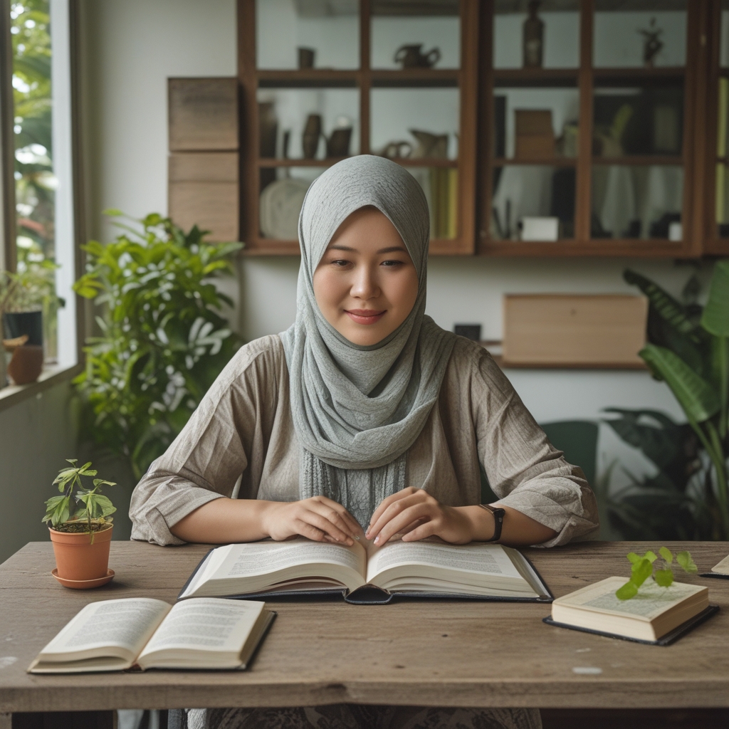 Sudut baca yang nyaman dengan buku-buku terbuka, secangkir teh herbal, dan tanaman hijau kecil di atas meja kayu di ruangan yang terang dan tenang